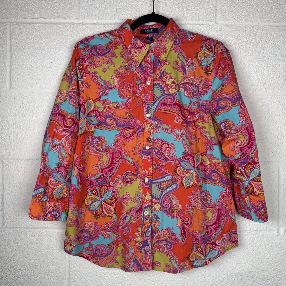 Chaps Paisley Button Up Shirt Women L Bright Color Dopamine Boho Cotton Top - Picture 1 of 7
